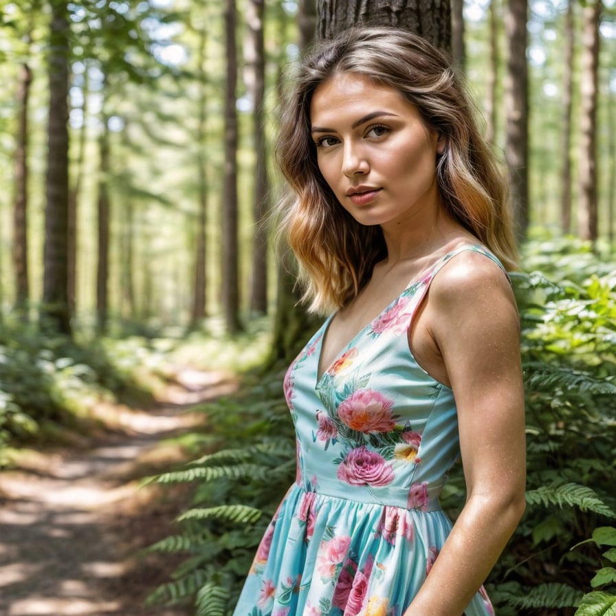 Energetic tropical adventurer, rainforest backdrop, lush greenery, and waterfalls.