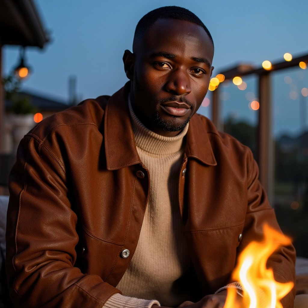 Highly realistic, highly detailed HDR image of a man (male, ~33 yrs) sitting waist-up beside an outdoor fire pit at dusk. Camera slightly above eye level, capturing warm firelight flickering across his face. He wears a suede jacket in dark chestnut layered over a beige knit sweater — both showing tactile texture, small creases, and soft shadows. His hair is short and wavy, faint beard visible. The fire casts orange glow across his right cheek, with cooler blue ambient tones from the evening sky behind. Background softly blurred: faint silhouettes of trees and warm string lights. Light smoke haze adds realism. Details: skin pores, hair fibers, subtle condensation in breath visible. HDR, high resolution, high quality, highly detailed, hyperrealistic photoreal portrait.