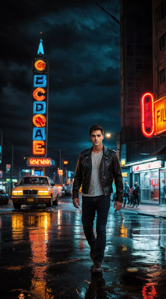 Rugged man, cybernetic implants, neon-lit cyberpunk cityscape, intense gaze.