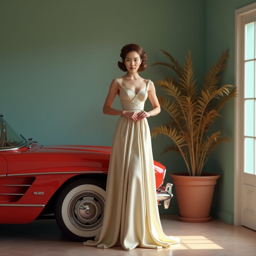 Vintage Glamour: The model is styled in retro 1950s attire, complete with classic hair and makeup. She stands in front of a vintage car or an old-fashioned café, her expression and posture exuding timeless elegance and grace.
