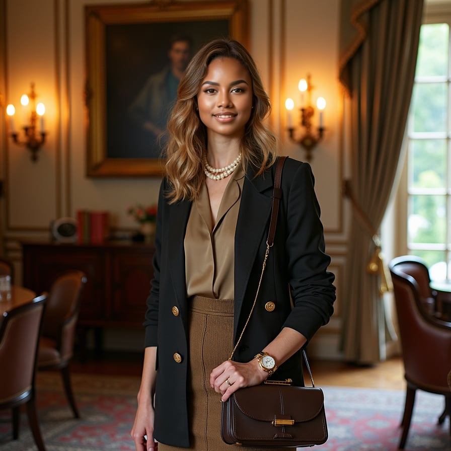 woman in a luxurious setting, such as a formal dining room with antique candelabras or a well-manicured garden. She is styled in elegant, timeless clothing, with accessories like a silk scarf or vintage brooch. Her pose is calm and dignified, embodying classic sophistication