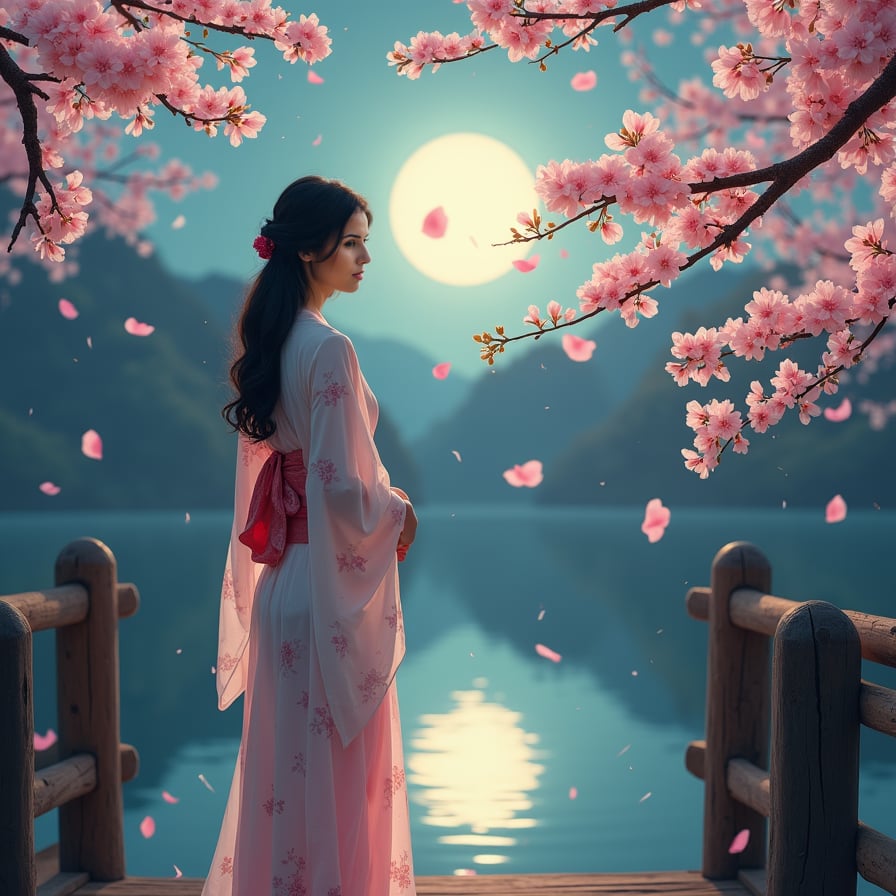 A mysterious woman in a white kimono stands on a wooden bridge under a glowing full moon, surrounded by cherry blossoms. The petals shimmer in the moonlight as a calm river flows beneath her, reflecting the stars