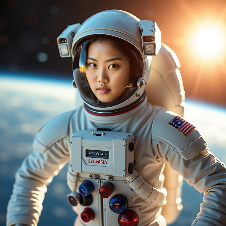 Heroic astronaut, white suit, Earth’s orbit backdrop, reflective visor.