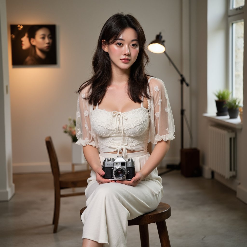 Portrait of a creative woman sitting on a stool with a camera in lap, softbox lighting, editorial-style framing, subtle smile, shot for World Photography Day