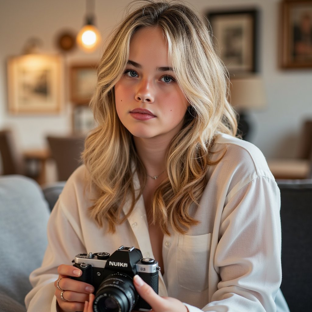 Portrait of a documentary-style photographer holding a camera with both hands, windblown hair, raw natural lighting, capturing the spirit of World Photography Day