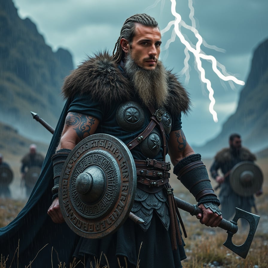 A fierce Viking warrior in the midst of battle, with braided hair, a long beard, and intricate Nordic tattoos. He wields a battle axe and a round shield with rune symbols. The scene is dramatic, set against a dark, stormy sky, with lightning illuminating the rugged landscape. In the background, other warriors fight, their silhouettes visible through the rain. The style is highly detailed, evoking a sense of epic, ancient strength and raw intensity
