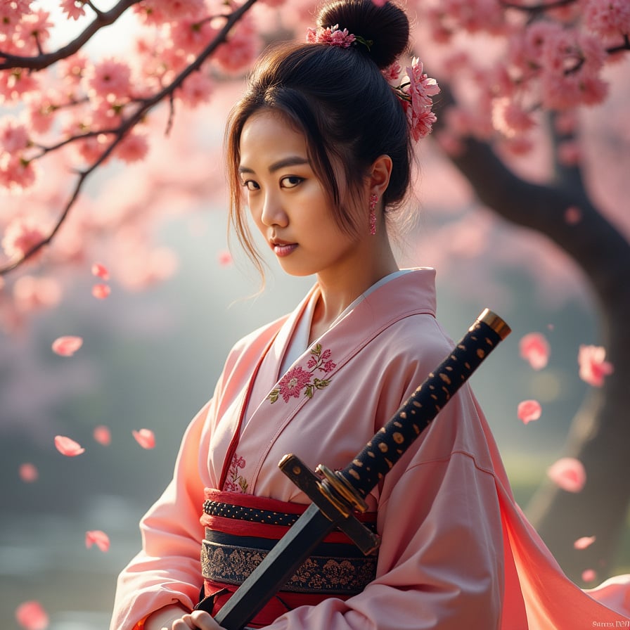 A fierce female samurai, dressed in ornate armor, stands beneath a sakura tree in full bloom. Her katana rests on her shoulder, and pink petals swirl around her as she gazes into the distance with a determined expression.