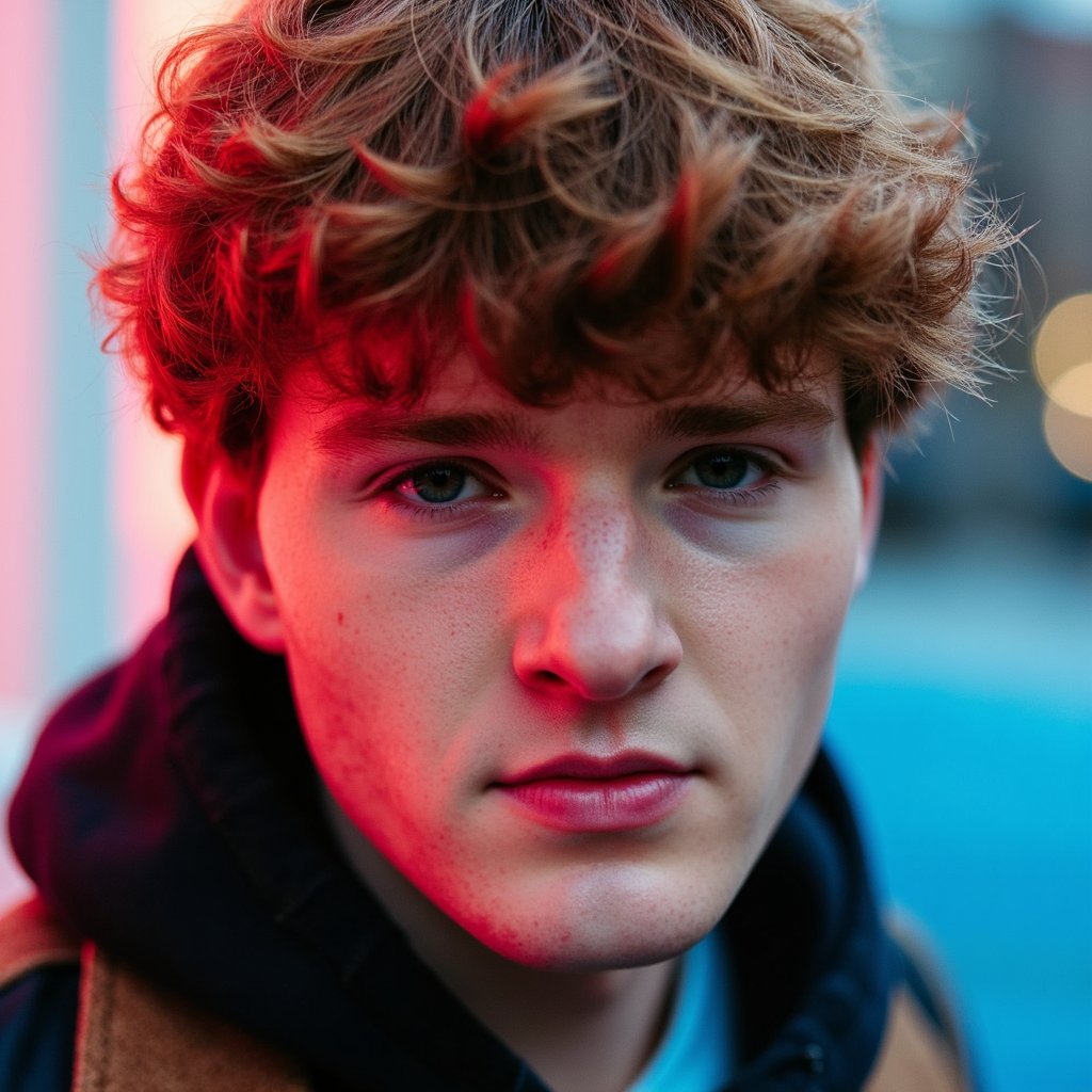 Close-up headshot of a singer-songwriter with tousled hair, casual hoodie, faint smile, soft sunset lighting — quiet and personal like Ed Sheeran’s Play tour