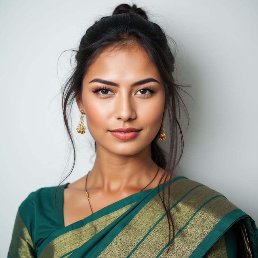 A passport-size photo of a person wearing traditional Indian attire, such as a saree or kurta, with neat and formal styling. The background is plain white, with even lighting. The individual is centered, maintaining a neutral expression, looking directly at the camera