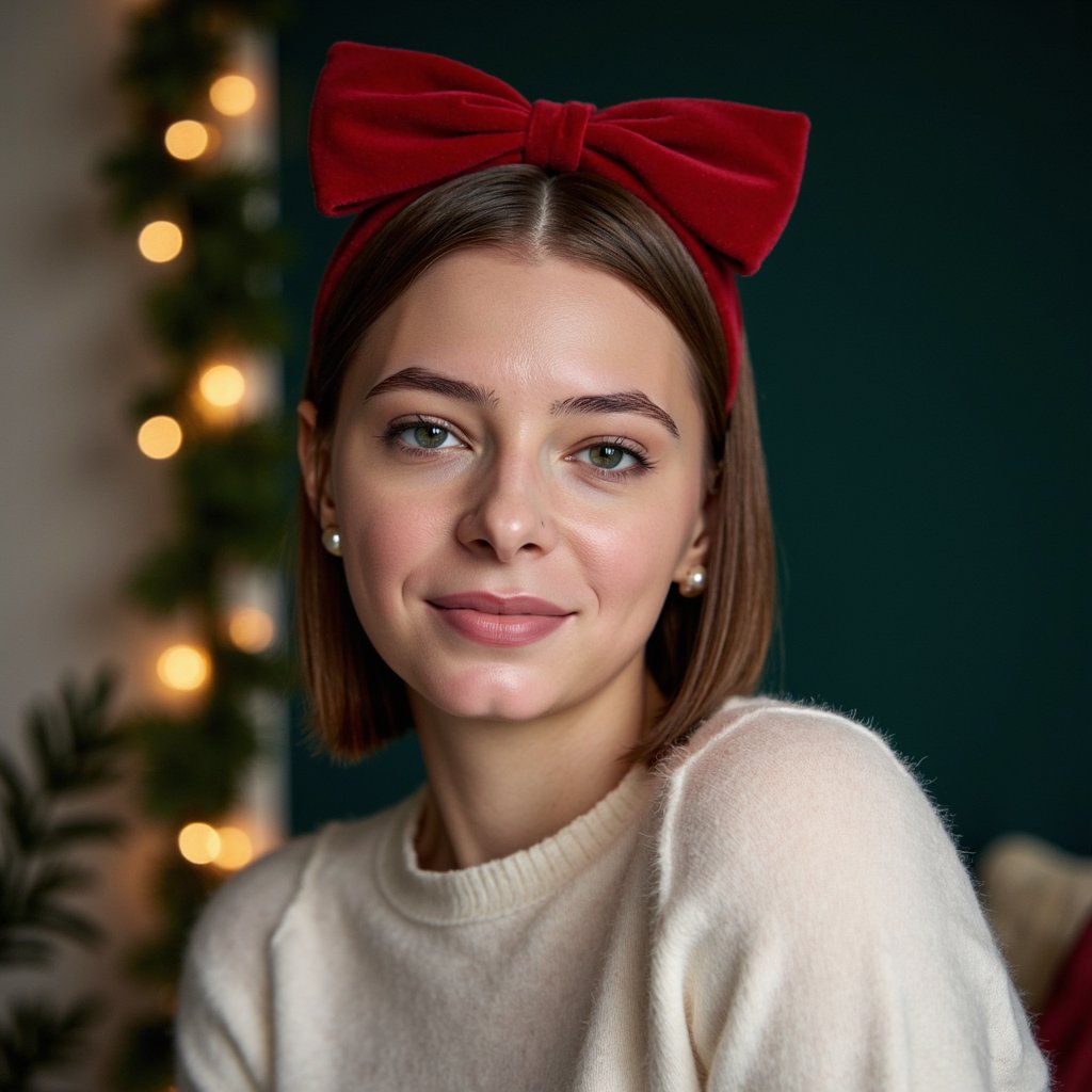 Tight headshot of a woman three-quarters to camera, shoulders relaxed, eyes to lens, soft closed-lip smile. She wears a cream angora crewneck (fine fuzzy fibers visible) and a wide red velvet hair bow at the crown; tiny pearl studs. Hair: straight, sleek, center part; ends softly beveled. Makeup: classic holiday—sheer dewy base, blue-red satin lipstick, subtle rose blush. Lighting: clamshell beauty light (softbox high front + reflector below) with a faint edge light to sculpt hair bow texture. Background: matte forest-green seamless with a dim out-of-focus garland stripe; minimal clutter. Camera: 100mm macro portrait, f/2.8 for razor-sharp eyes and fabric grain; highly detailed, highly realistic, HDR; velvet pile and angora fibers clear; still, elegant.