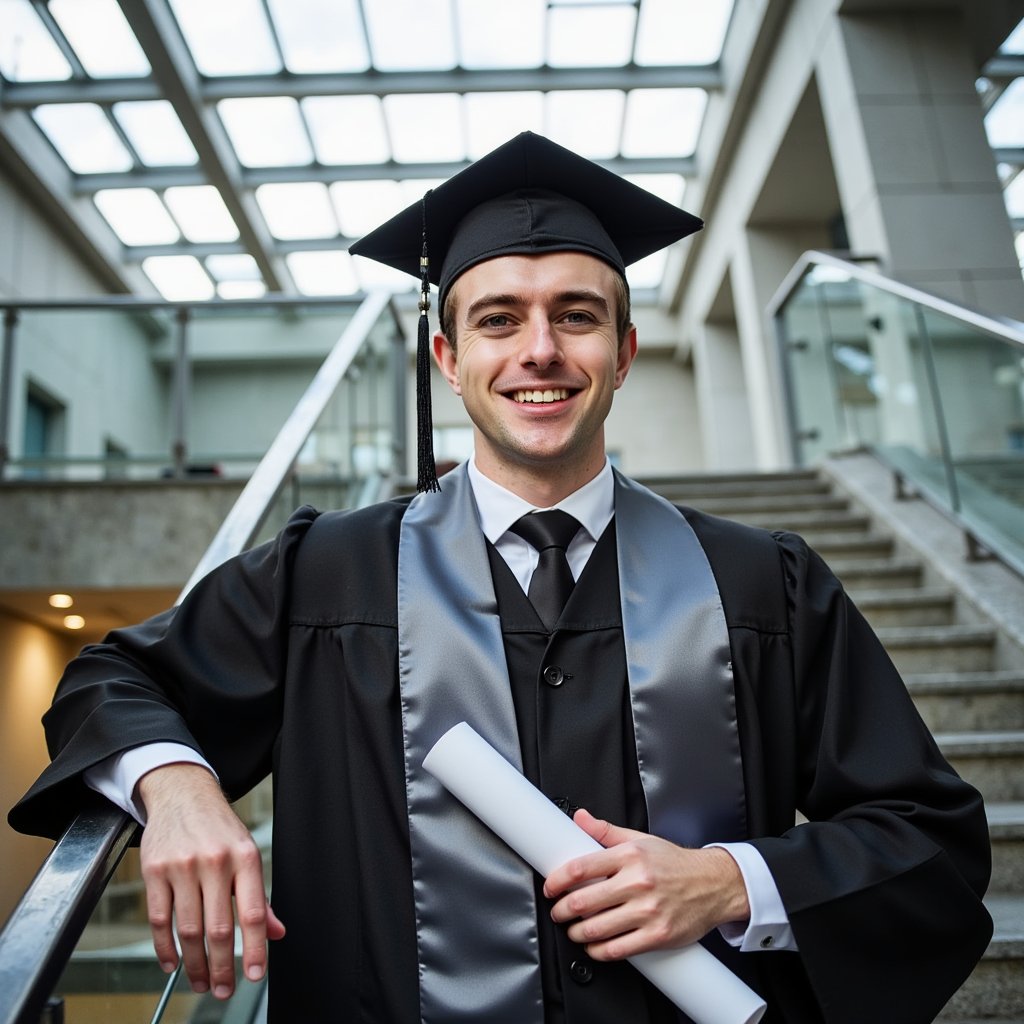 Waist-up image of a man graduate leaning gently against a modern concrete stair railing, indoor daylight streaming from a skylight above; wearing a slim black gown, silver satin stole, crisp white collar visible underneath; slicked-back hair, light stubble, composed neutral face; camera slightly below chest level for upward depth, 50 mm lens, f/2.5; lighting: bright diffused top-light forming natural shadows, highlighting gown texture; background: clean geometric lines of the stairwell, shallow focus; micro-contrast on fabric folds, skin pores, metal railing grain; mood sleek, professional, highly detailed, highly realistic, HDR.