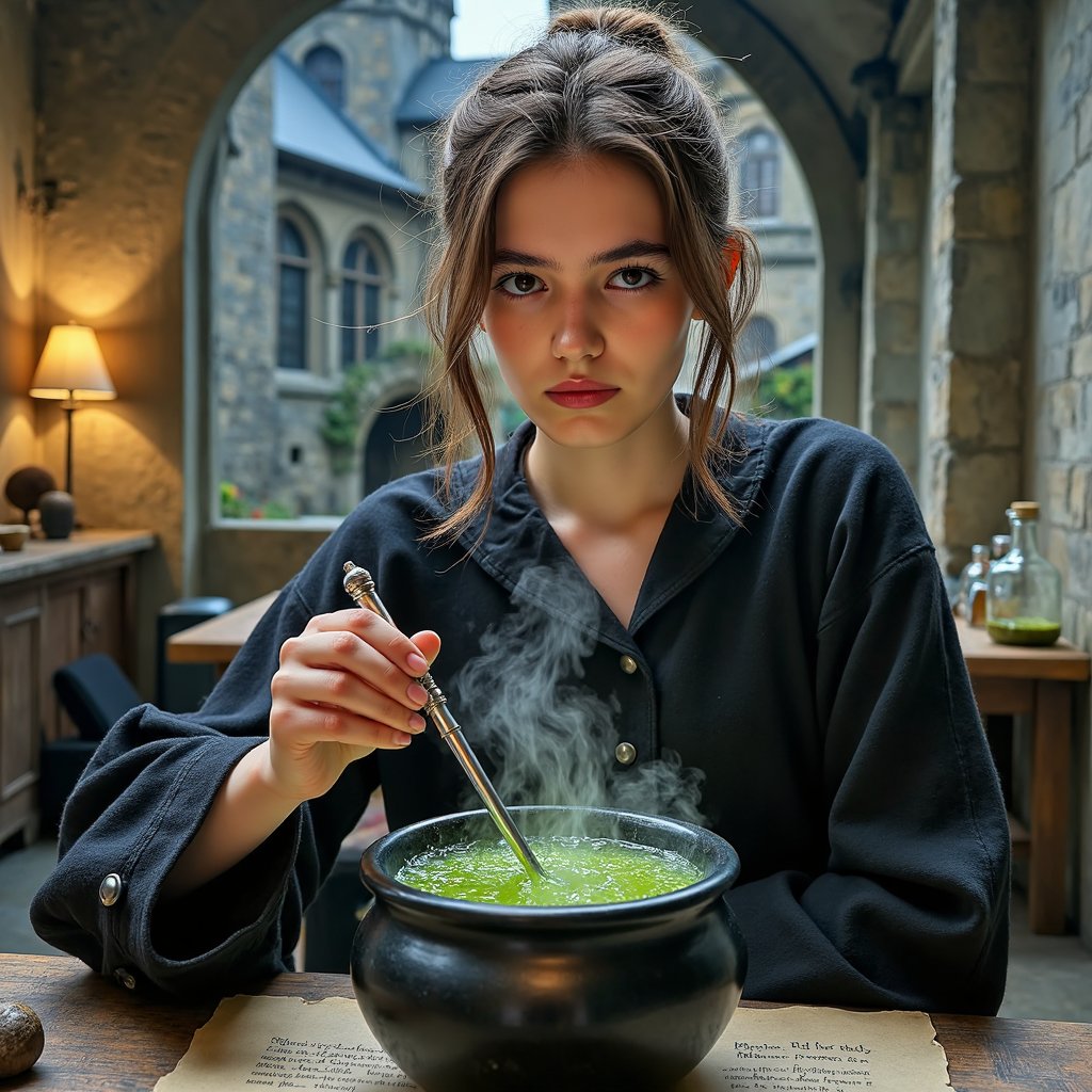 Highly realistic, ultra-detailed HDR macro shot of a 16-year-old female Hogwarts student’s hands with light beige skin tone, faint ink smudges near the nails, and clean, short-cut fingernails with natural gloss, delicately holding a brushed pewter stirrer inside a dented black cauldron. Robe sleeve in thick matte wool with deep folds, lined in black satin, cuff fastened with three matte buttons (stitching visible). Steam rises from the potion — a shimmering green liquid with tiny bubble details — curling upward and catching the warm amber light. Pose: both hands steady, wrists angled toward camera, stirrer mid-swirl. Camera: Canon EOS R5, 100mm f/4 macro lens, aperture f/4, camera at table height for straight-on detail shot. Lighting: warm oil lamp key light (2800K) from front left, creating soft glow on skin and metallic sheen on stirrer; subtle bounce fill from parchment sheets on table softens shadows; faint cool rim from a high arched window behind for depth. Background: blurred stone workbench with glass jars faintly visible, handwritten potion labels barely legible, minimal clutter.