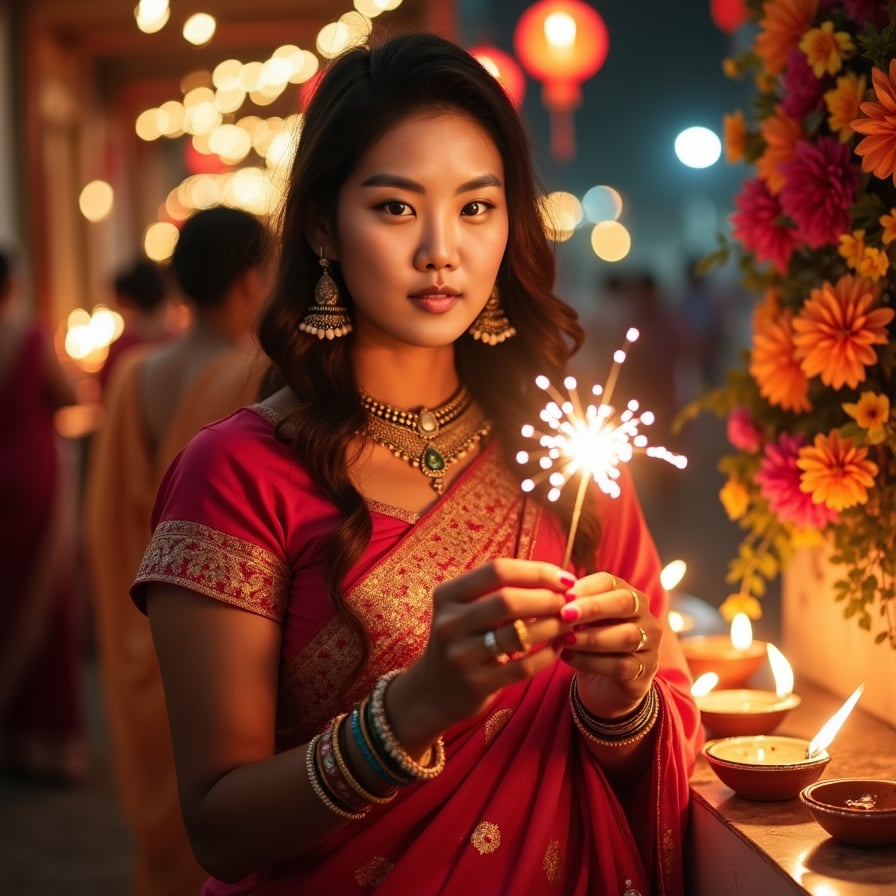 woman with a radiant smile, holding a sparkler, surrounded by twinkling lights and vibrant diyas, wearing a traditional Indian outfit, adorned with intricate jewelry, in a warm and festive Diwali night setting, soft glow of lanterns and candles in the background.