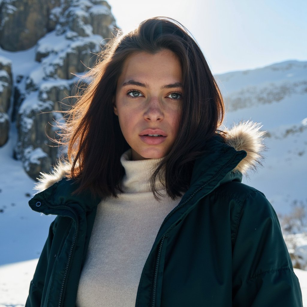 A highly realistic, ultra-detailed HDR waist-up winter portrait of a woman standing near the base of a tall snowy cliff. Camera angle: slightly low, 35mm lens.
She wears a dark forest-green parka with a faux-fur hood, the fur holding clusters of detailed snow crystals. Underneath, a cream wool sweater with ribbed texture peeks out.
Her dark brown hair is partially tucked into the hood but loose enough to show individual strands moving slightly with wind.
Lighting: dramatic cold backlight from the snow-covered cliff face, creating a glowing rim-light around her hair and coat, combined with softer front fill-light from reflected snow.
Facial details: visible pores, cold-weather blush, slightly parted lips showing soft condensation in breath.
Background: towering icy cliff fading into soft blur, snow blowing diagonally through frame for dynamic atmosphere.