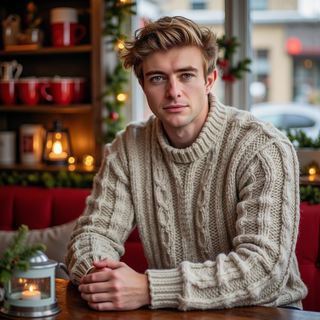 Waist-up portrait of a man seated in a cozy Christmas café booth, leaning slightly forward with elbows relaxed on the table, hands loosely clasped, still and composed. He wears a chunky oatmeal-colored cable-knit sweater with prominent detailed stitching.
Hair: brushed-back medium length, soft texture; light beard.
Lighting: warm overhead café glow with a soft diffused key from a nearby window, gentle shadow falloff for depth.
Background: blurred café shelves with red mugs, pine garland, and a single glowing lantern — minimal clutter, organized bokeh.
Camera: 50mm f/1.6 at eye level; highly detailed, highly realistic, HDR, sweater fibers, beard grain, and warm wood tones crisp.