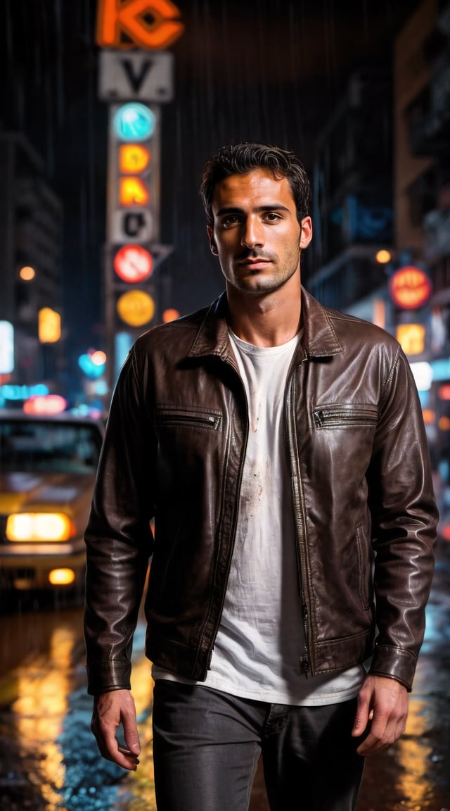 Rugged man, cybernetic implants, neon-lit cyberpunk cityscape, intense gaze.