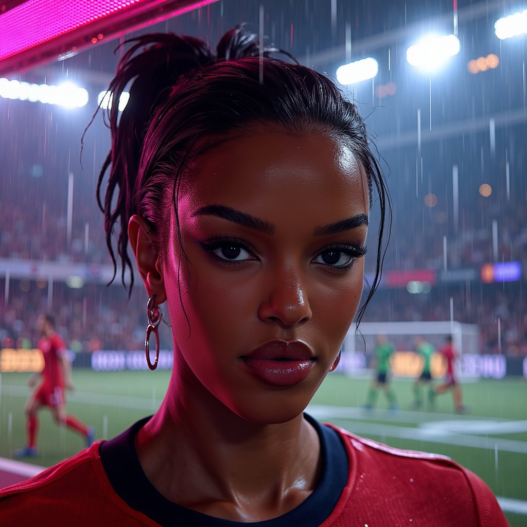 Close-up headshot of a player under neon-lit rain with water droplets on face, motion blur in background, hyper-detailed rendering — EA SPORTS FC next-gen look