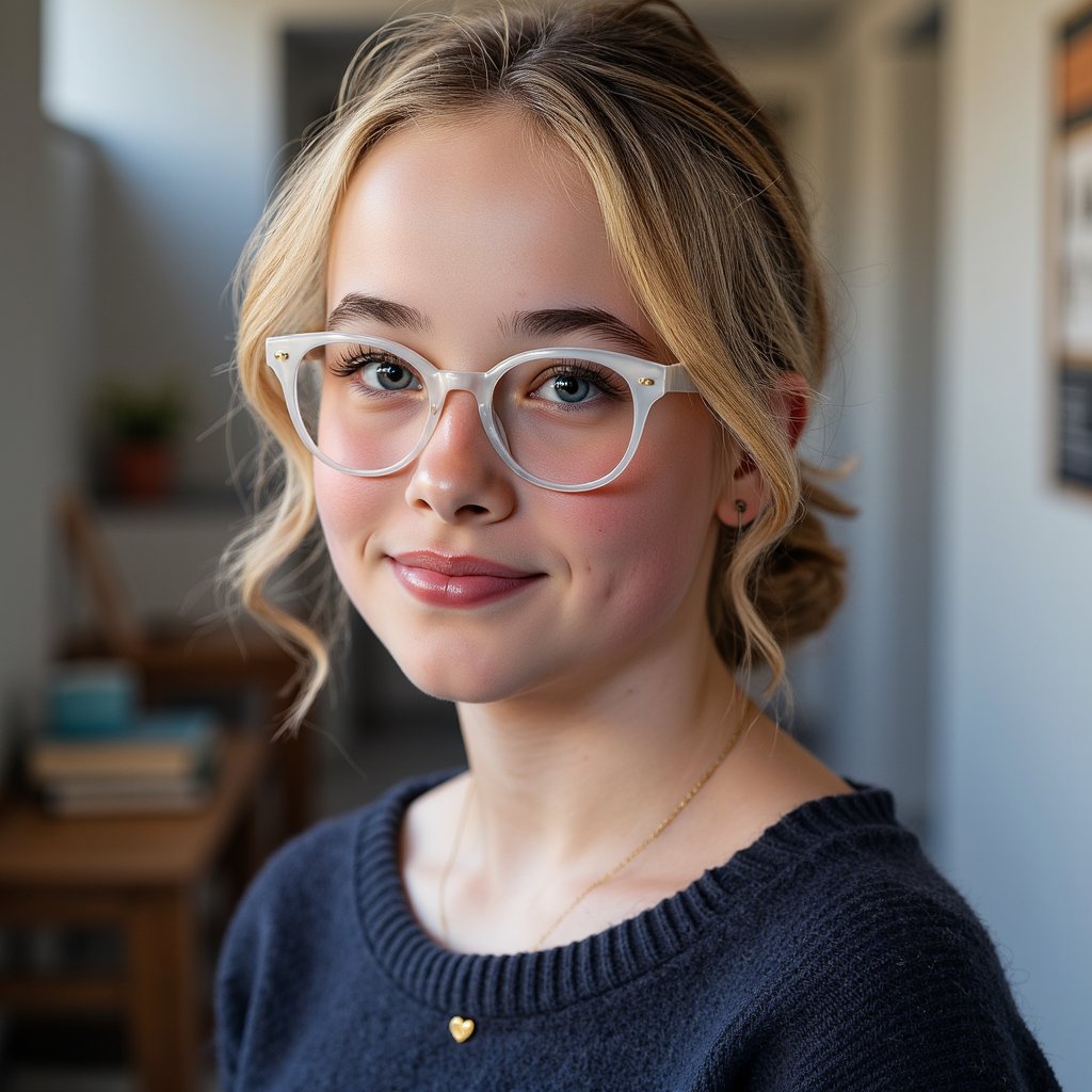 Hyper-realistic 1960s senior portrait of a girl wearing bold, upswept cat-eye glasses with translucent pearl-white frames, captured chest-up with an 85mm lens. Her hair is styled in a smooth bouffant with curled ends, parted slightly to the side, each strand meticulously detailed. She wears a dark navy wool sweater with fine ribbing along the neckline, subtle fuzz on the fabric visible in HDR clarity. A small gold heart pendant rests on the collarbone, catching a pinpoint highlight. Her complexion is porcelain with light freckles across the nose and upper cheeks, faint blush, and a natural satin sheen across the forehead. Lips are matte rose-pink, closed in a gentle, confident smile. Studio lighting from the left casts soft shadows under the chin and cheekbones, with a muted charcoal-grey backdrop providing depth without distraction.