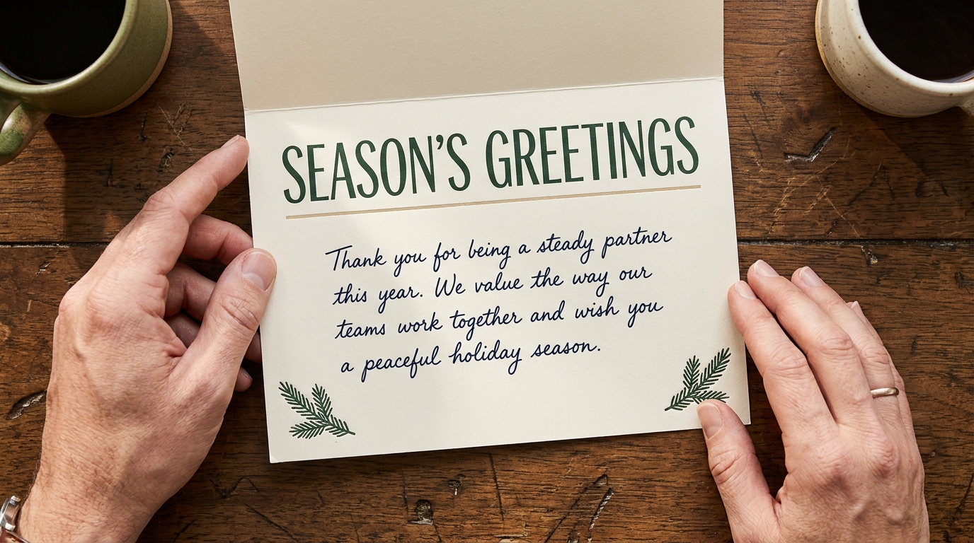 Two hands holding a Season's Greetings card that thanks a business partner