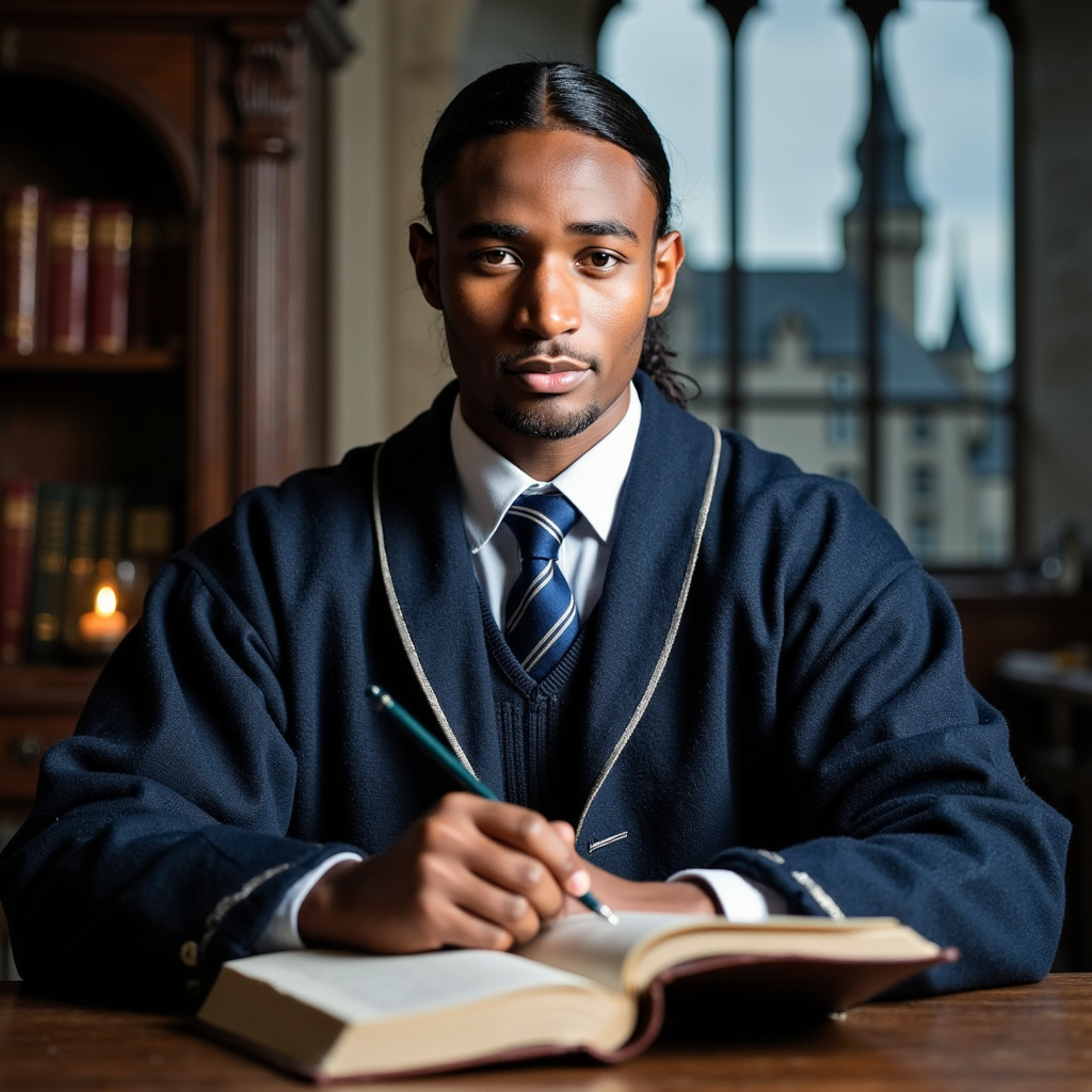 Ultra-detailed HDR seated portrait of a 17-year-old male Hogwarts student with l