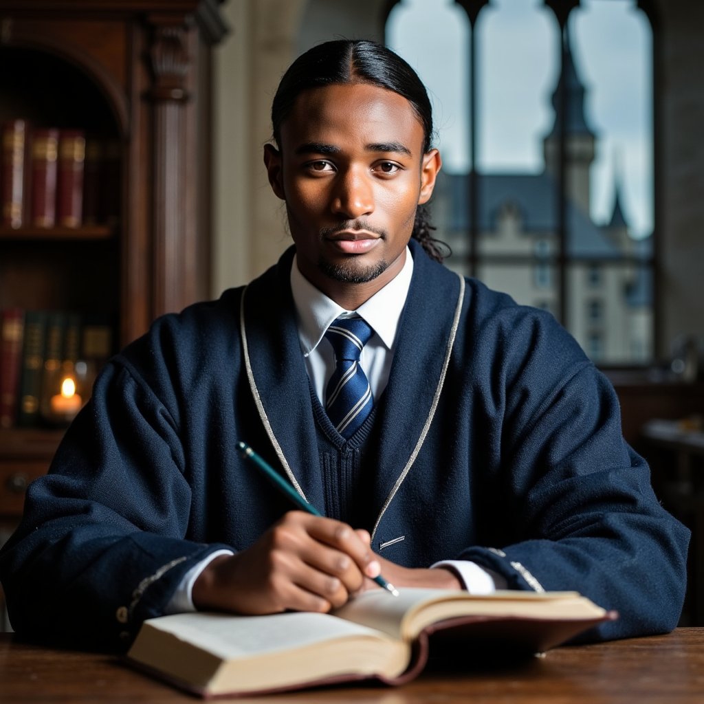 Ultra-detailed HDR seated portrait of a 17-year-old male Hogwarts student with light olive skin, clean-shaven face, and sharp cheekbones. Sleek dark hair pulled back into a short ponytail, neat sideburns framing ears. Wearing a deep-navy wool robe with silver-blue trim, crisp white cotton shirt, and perfectly knotted blue-striped tie. Pose: seated upright at a carved oak desk, left hand resting on an open leather-bound book, right hand poised with a quill mid-note, gaze fixed attentively toward an unseen professor. Camera: Leica SL2, 50mm f/2 prime, aperture f/2, camera placed at eye level directly across desk for intimate framing. Lighting: cool moonlight (5600K) streaming through tall arched window behind camera, supplemented by warm candlelight (3000K) from desk lamp casting golden glow on book and hands. Background: blurred Ravenclaw Tower stone wall with faint shadow of an arched bookshelf, minimal clutter for academic focus.