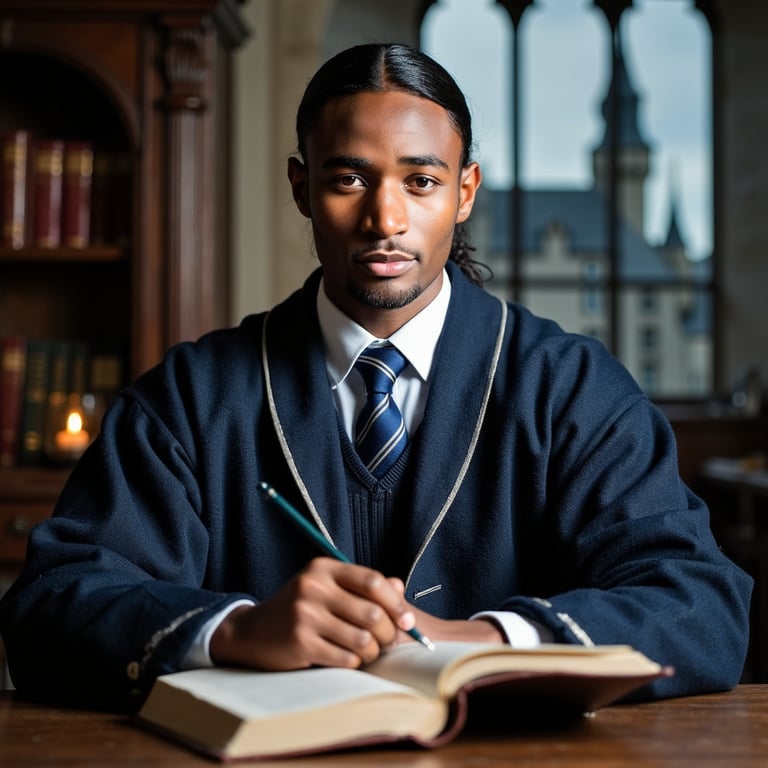 Ultra-detailed HDR seated portrait of a 17-year-old male Hogwarts student with l