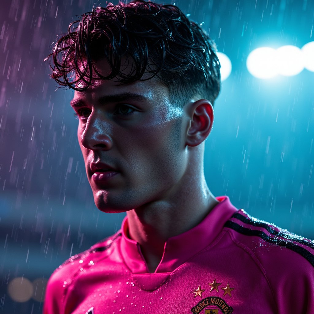 Close-up headshot of a player under neon-lit rain with water droplets on face, motion blur in background, hyper-detailed rendering — EA SPORTS FC next-gen look