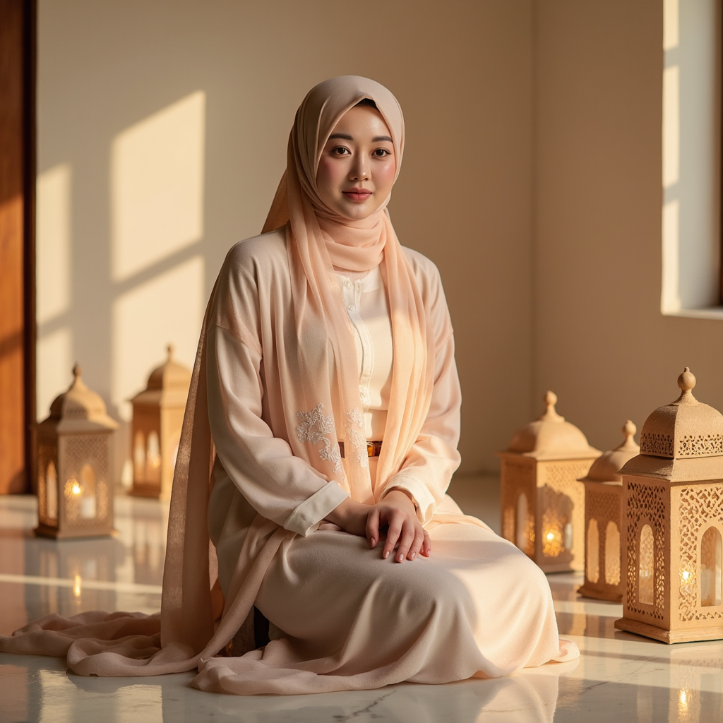 Knee-up portrait of a woman in a flowing abaya with soft pastel hues, subtle smi