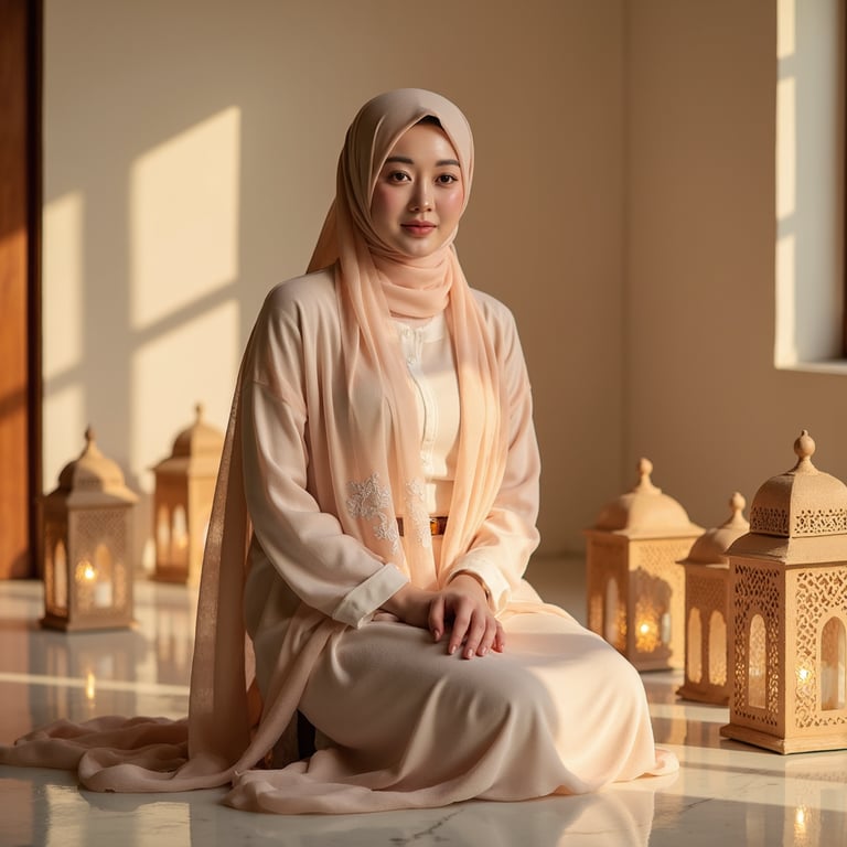 Knee-up portrait of a woman in a flowing abaya with soft pastel hues, subtle smi