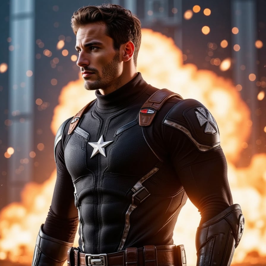 Modern male Avenger with tactical gear and reactive armor, backlit by explosions, ash particles in the air, determined eyes, stylized like a Marvel poster, photorealistic, cinematic lighting