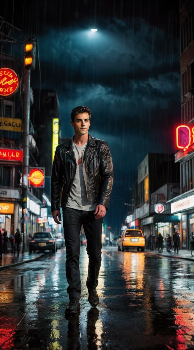 Rugged man, cybernetic implants, neon-lit cyberpunk cityscape, intense gaze.