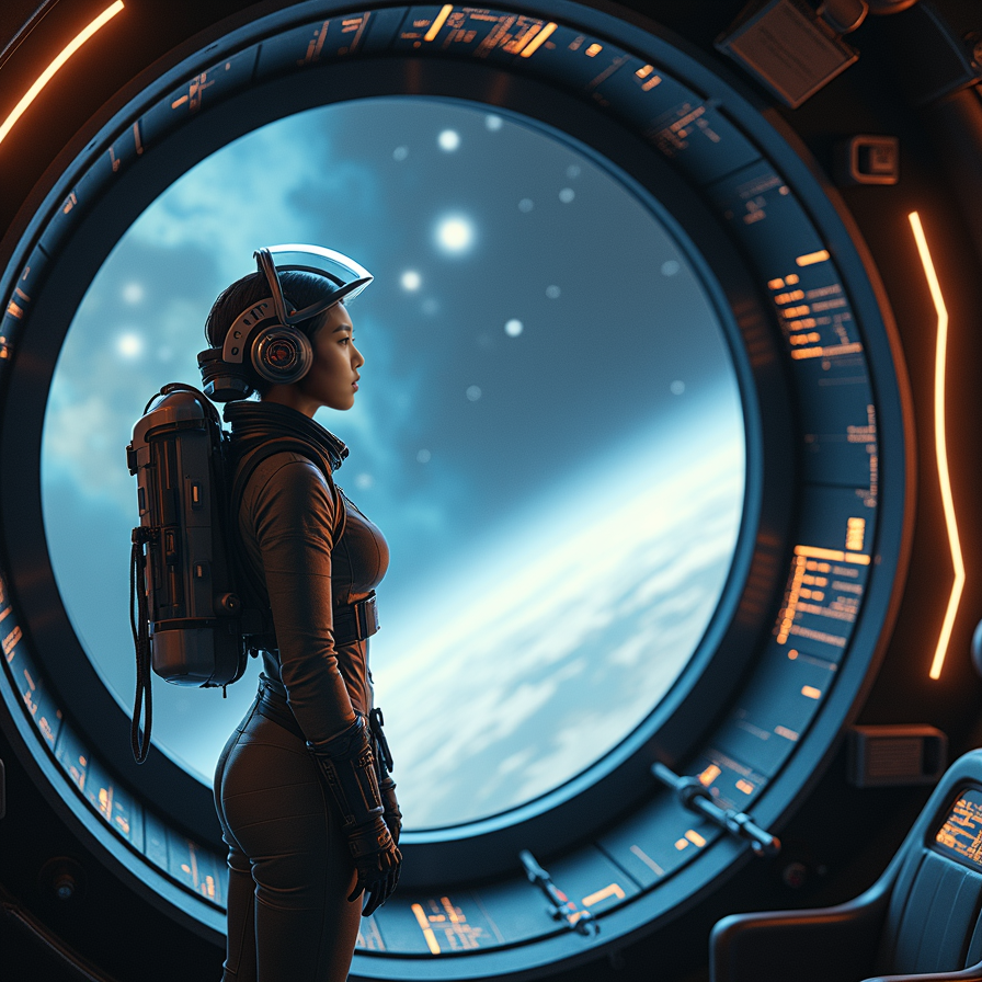 A woman captain standing on the command deck of a massive starship, looking out 