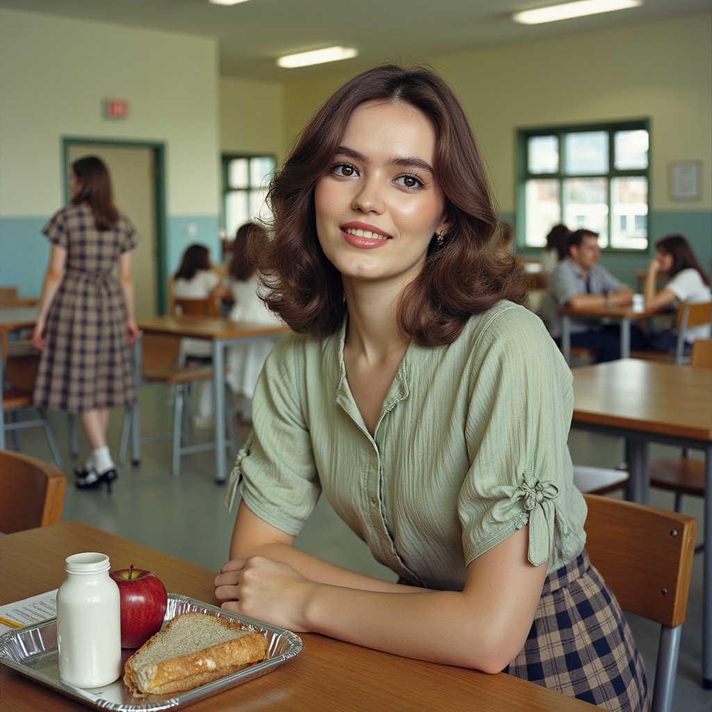 Highly realistic 1960s cafeteria scene, centered on a girl seated at a long wooden lunch table, captured from an overhead angle with a 28mm lens. She wears a mint green short-sleeved blouse in crisp cotton with faint vertical stripes, tucked into a high-waisted plaid skirt in muted browns and blues. Fabric creases naturally at her waist and elbows, with faint thread irregularities visible in close detail. Her hair is styled in soft shoulder-length curls with a satin ribbon tied in a bow at the back. Skin tone is even with a natural flush across her cheeks, dimples visible as she smiles at someone off-frame. On the table in front of her: a vintage aluminum lunch tray with neatly arranged sandwich, apple, and milk carton, all rendered in high detail. Background is a soft blur of other students and benches, overhead fluorescent light reflecting subtly off the polished tabletop.