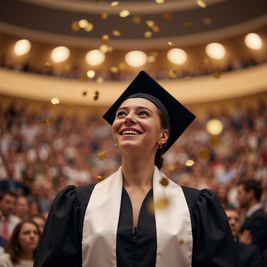 Tight headshot of a woman graduate looking slightly up toward drifting gold confetti, expression joyful but poised (no movement captured mid-gesture); wearing a matte black gown, white satin stole, mortarboard flat; hair in a polished low twist, smooth edges; camera at eye level, 135 mm lens, f/2.2; lighting: large diffused key light from front-left with a faint hair rim light; background: softly blurred warm backdrop with bokeh reflections from scattered confetti lights; every confetti piece slightly defocused except the few near her shoulders; textures crisp on fabric fibers, tassel threads, and skin pores; colors rich yet balanced, highly detailed, highly realistic, HDR.