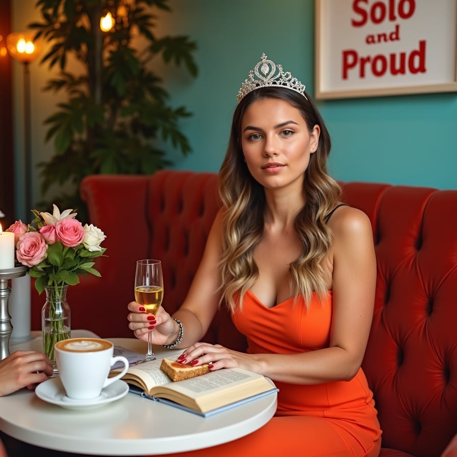 Sit at a cozy café table with a book, a latte, and a slice of cake. Look happy and content, enjoying your company.