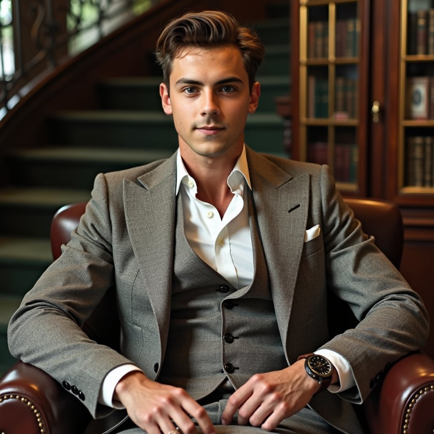 man with an aristocratic vibe. He is posed against a backdrop of a grand staircase or a lush, private estate. He is dressed in semi-formal attire, such as a blazer with an open-collared shirt, and his expression is calm and confident. The lighting should highlight his features and convey understated opulence