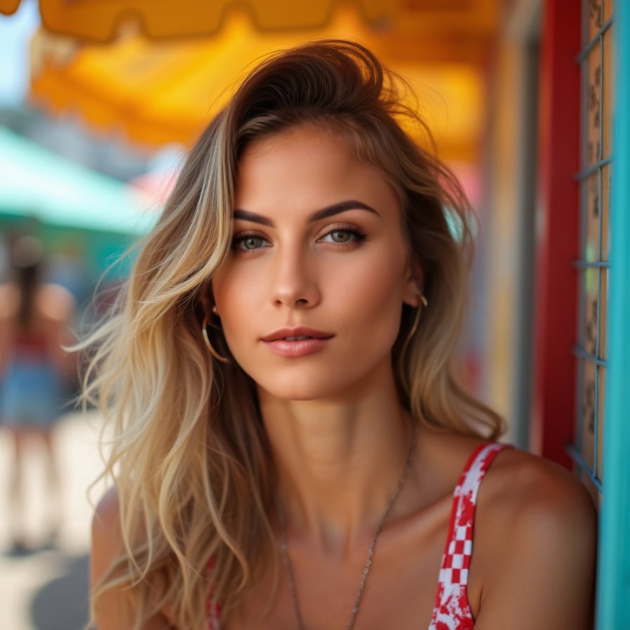 woman with a playful expression, such as a light laugh or a curious gaze. She is styled in vibrant, casual clothing and set against a bright, fun background like a carnival or café. Her energy is lively and inviting, perfect for showcasing her fun-loving personality