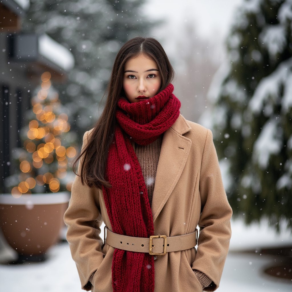 Waist-up winter portrait of a woman outdoors in softly falling snow (snow frozen in shallow DOF but no subject motion). She wears a camel wool coat belted at the waist and a thick red knitted scarf with visible chunky stitching. Hair: straight, long, tucked inside the scarf; a few flyaway strands adding realism. Makeup: satin warm-nude lips, lightly flushed cheeks, soft brown eyeliner. Lighting: natural overcast daylight softened by snow, with a faint silver reflector fill from below. Background: blurred evergreen trees with a few warm twinkle lights; minimal clutter. Camera: 85mm f/2, eye-level; highly realistic, highly detailed, HDR, clear snowflakes on hair and coat fibers.