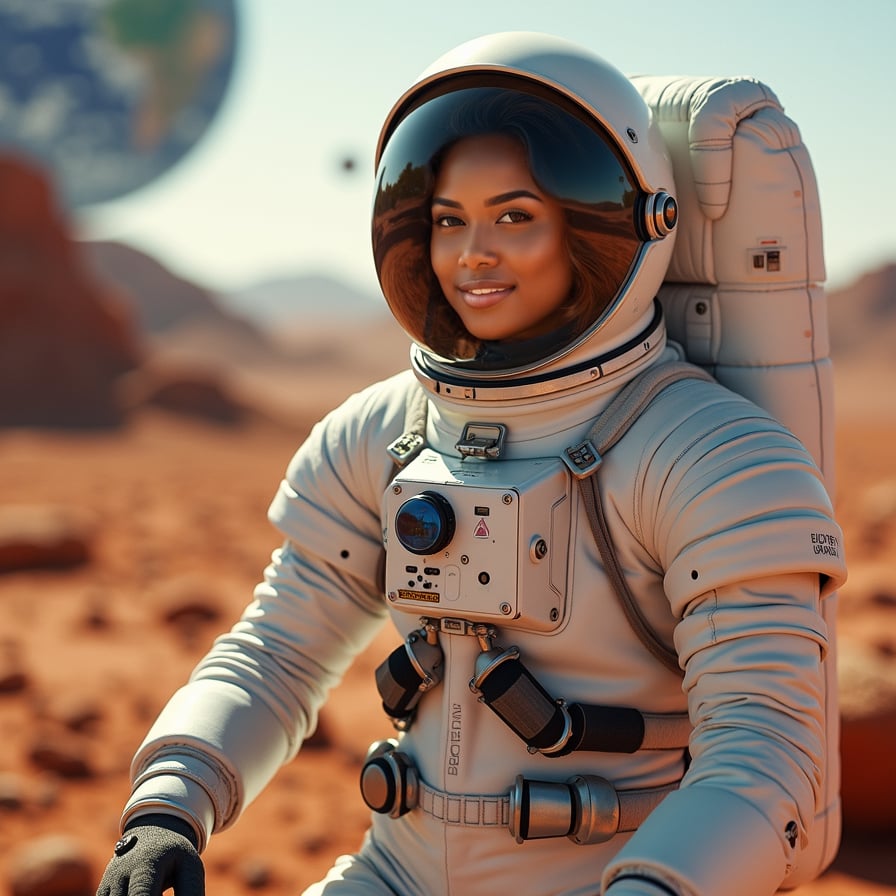 woman wearing a sleek white spacesuit, Mars landscape background with red planet terrain and dust storms, constructing a futuristic habitat module, with tools and components scattered around her, confident pose with a sense of determination and pioneering spirit. hairs should be inside helmet