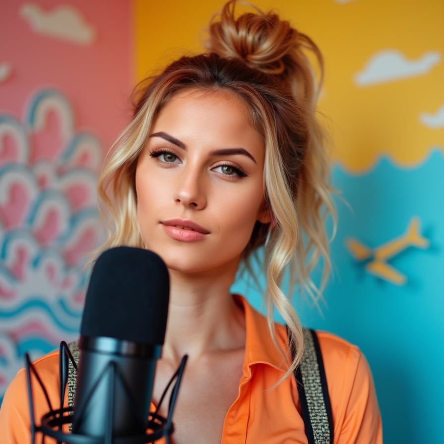 woman styled as a lifestyle or travel vlogger. She has a joyful, excited expression, possibly holding a passport or travel-related prop. The background is bright and dynamic, with patterns like waves or airplanes