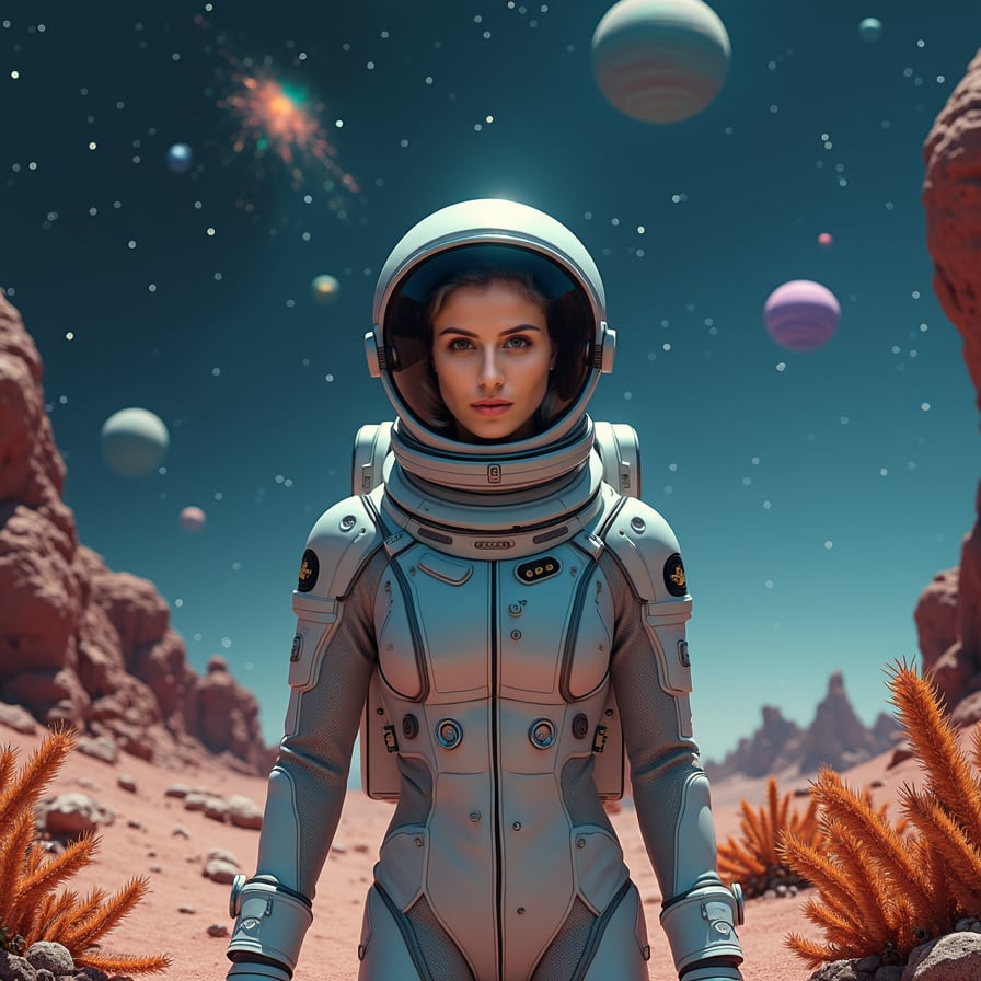 A woman stands in an alien landscape, facing the camera with a serene yet determined expression. She wears a sleek, advanced space suit, and behind her, exotic alien plants and glowing rocks dot the ground. The sky above is filled with planets, colorful nebulae, and distant stars, adding a mystical touch