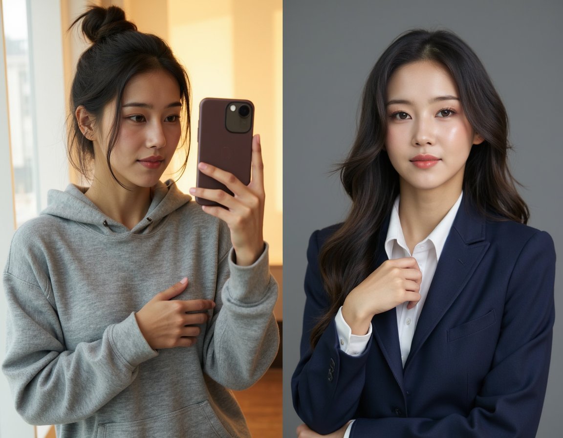 woman in a split image, with the left side showing a casual selfie: she wears a soft gray hoodie, her hair in a messy bun, holding a smartphone up to capture her reflection, with a sunlit window creating a warm glow in the background. The right side features a professional headshot: she is impeccably dressed in a tailored navy blazer over a crisp white blouse, her hair styled in sleek waves, standing against a muted professional studio backdrop with balanced, flattering lighting.