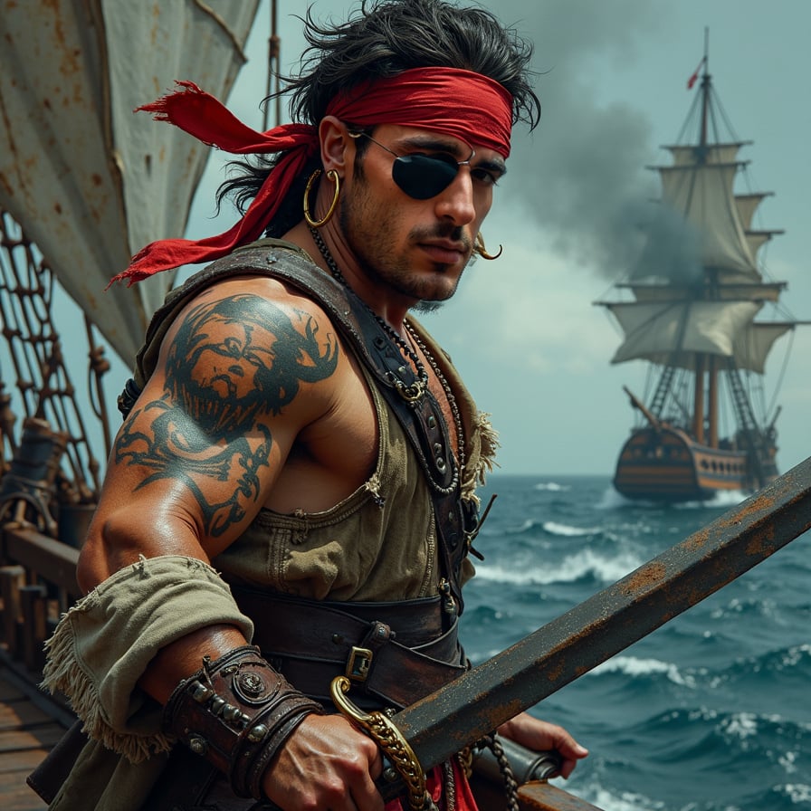 man in rugged pirate attire, wielding a sword with intensity, standing on the deck of a pirate ship amidst a chaotic battle scene, with cannons and rigging in the background, under a dark and stormy sky