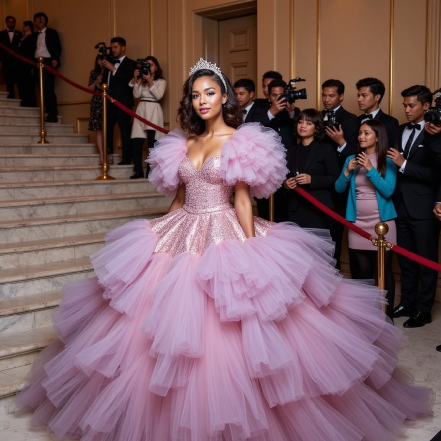 A woman draped in a hyper-feminine tulle explosion, in soft pinks and lavenders, with bubble sleeves, heart-shaped makeup, and a glittering tiara veil