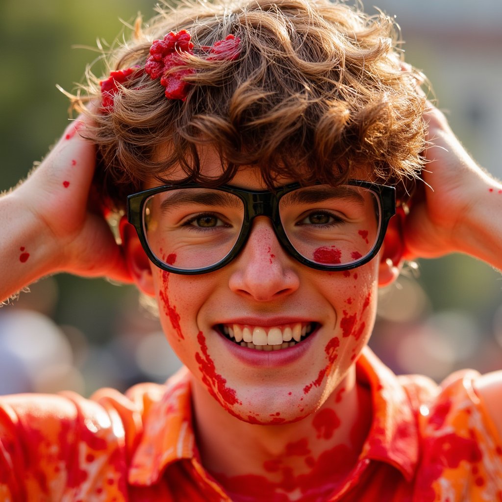Dynamic portrait of a young man with goggles pushed up, tomato pulp stuck to shirt, smiling through the mess, summer light — a moment from La Tomatina