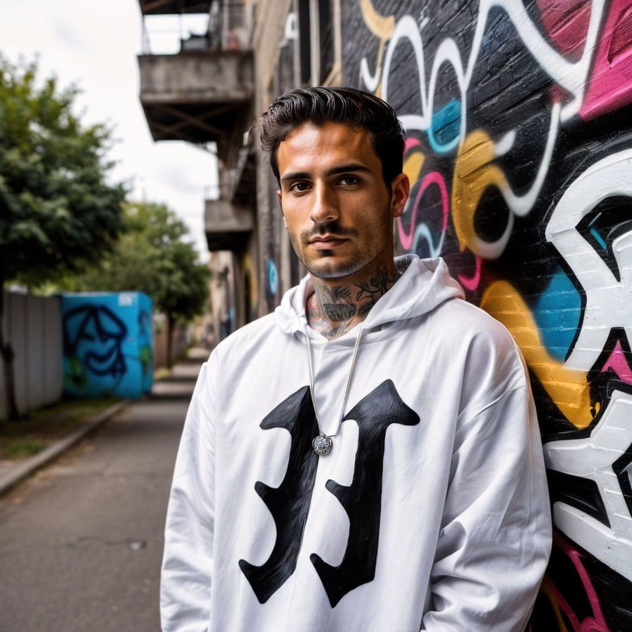 Handsome street punk, graffiti alley, detailed, hyper-realistic setting.