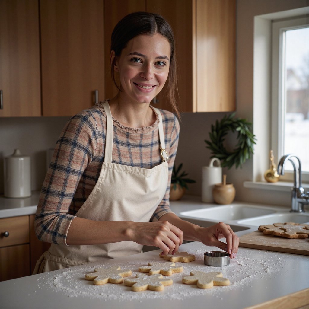 three-quarter close up of a woman in a simple plaid apron over a soft long-sleeve top, standing at a kitchen counter dusted lightly with flour. she leans forward slightly, using cookie cutters on rolled-out dough shaped into christmas cookies, with a relaxed, focused expression. a tray of decorated cookies sits nearby, and a few festive details like a small wreath or a distant glimpse of a christmas tree are visible in the background, softly blurred. warm under-cabinet lighting and ambient kitchen light create a cozy glow on her face and hands, while cooler light from a window balances the scene. flour dust and metal baking tools catch subtle highlights without adding visual noise. cinematic 45-degree angle, ultra-detailed, highly realistic, hdr.