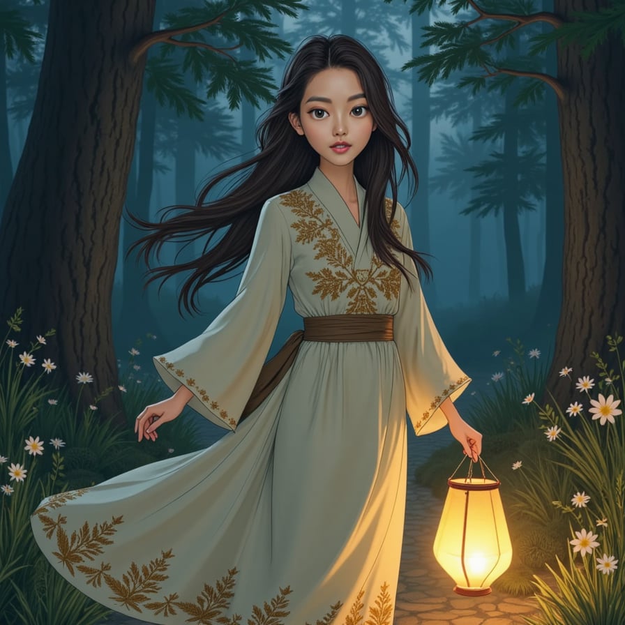 A mysterious woman with long, dark hair tied in a loose braid, dressed in a flowing robe embroidered with golden patterns. She walks through a misty forest at night, carrying a glowing paper lantern that guides lost souls home.