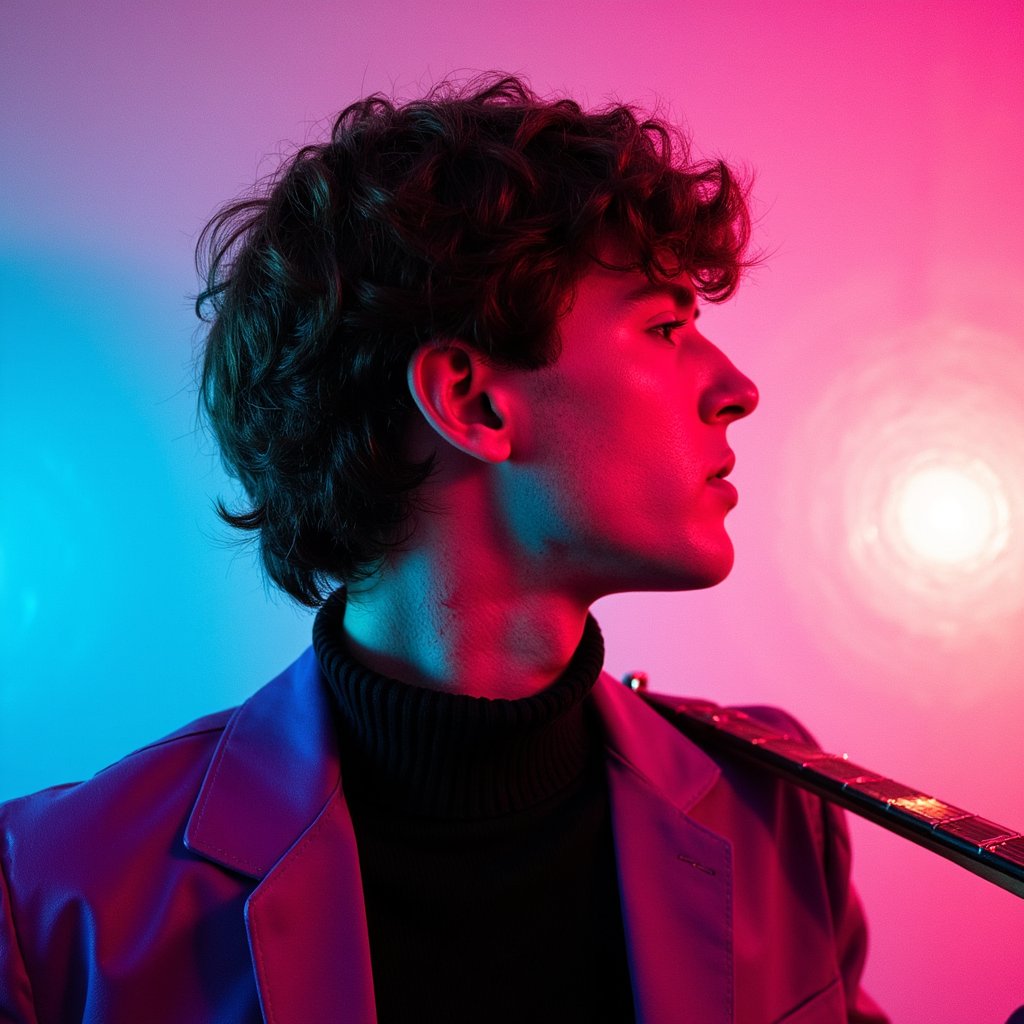Side-profile headshot of a thoughtful musician with a guitar resting on shoulder, soft overhead spotlight, introspective vibe like a quiet rehearsal before going on stage