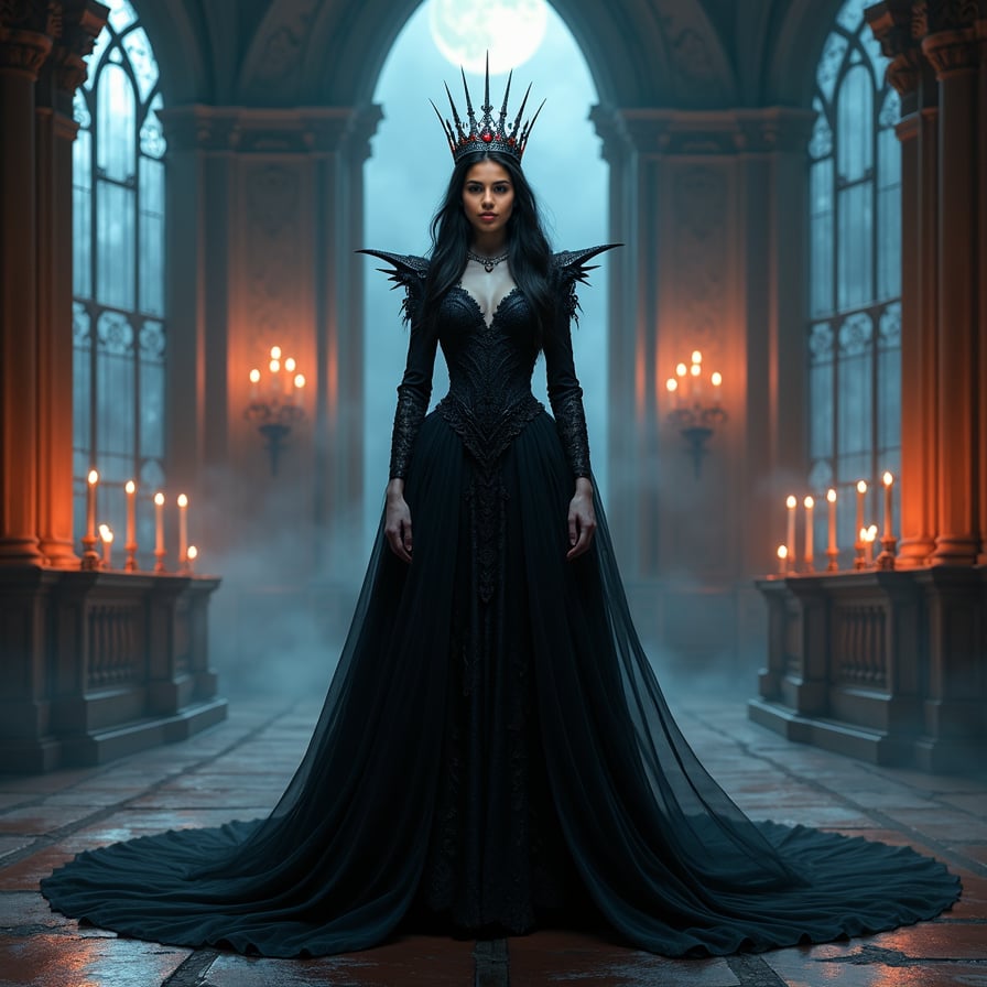 Create an image of an ethereal vampire queen standing in a grand, gothic throne room lit by flickering candles. She has pale skin, piercing red eyes, and long, dark hair cascading over her shoulders. She wears a black, flowing gown with intricate lace details and a silver crown adorned with blood-red jewels. The setting is shadowy and mysterious, with moonlight streaming through tall arched windows, casting haunting shadows across the room.